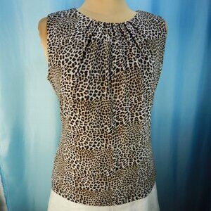 Calvin Klein Cheetah Pleated Neck Tan Cream & Brown Sleeveless Career Medium EUC